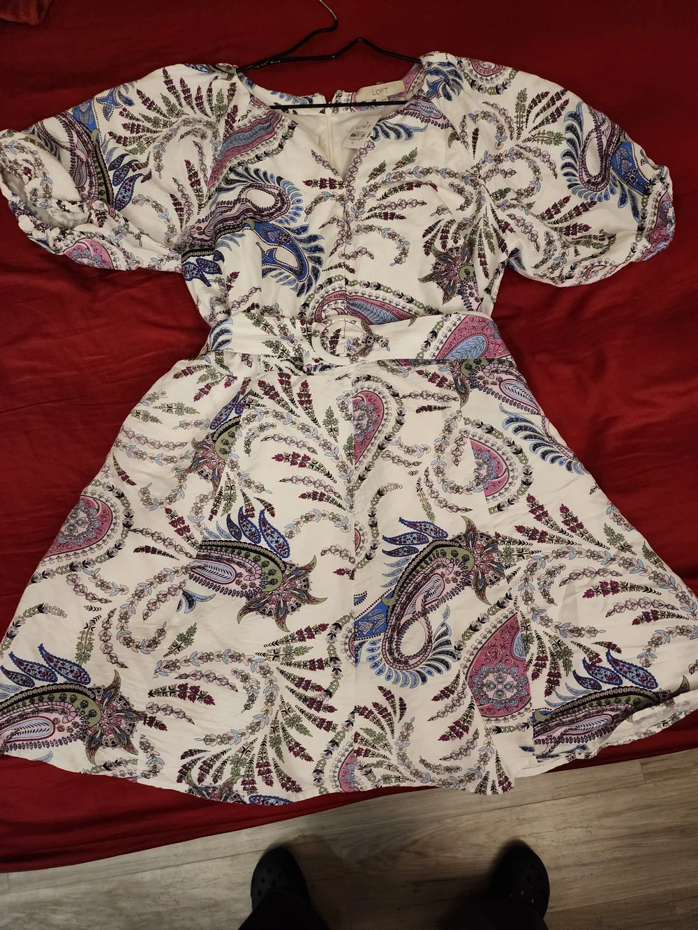 New LOFT Tie-Waist Paisley Mini Dress in White with Lavender & Blue Accents